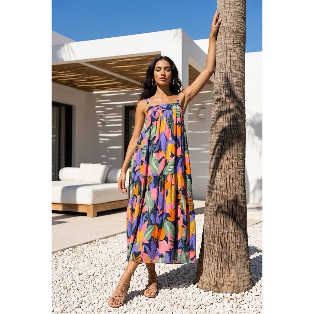 Abel The Label Tropical Beach Maxi Dress Floral Tiered I Pockets